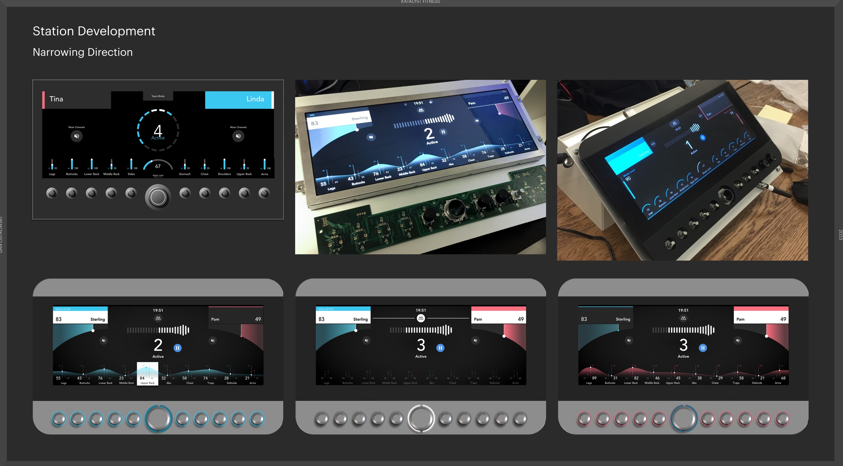 Katalyst station — design development showing UI evolution alongside physical hardware