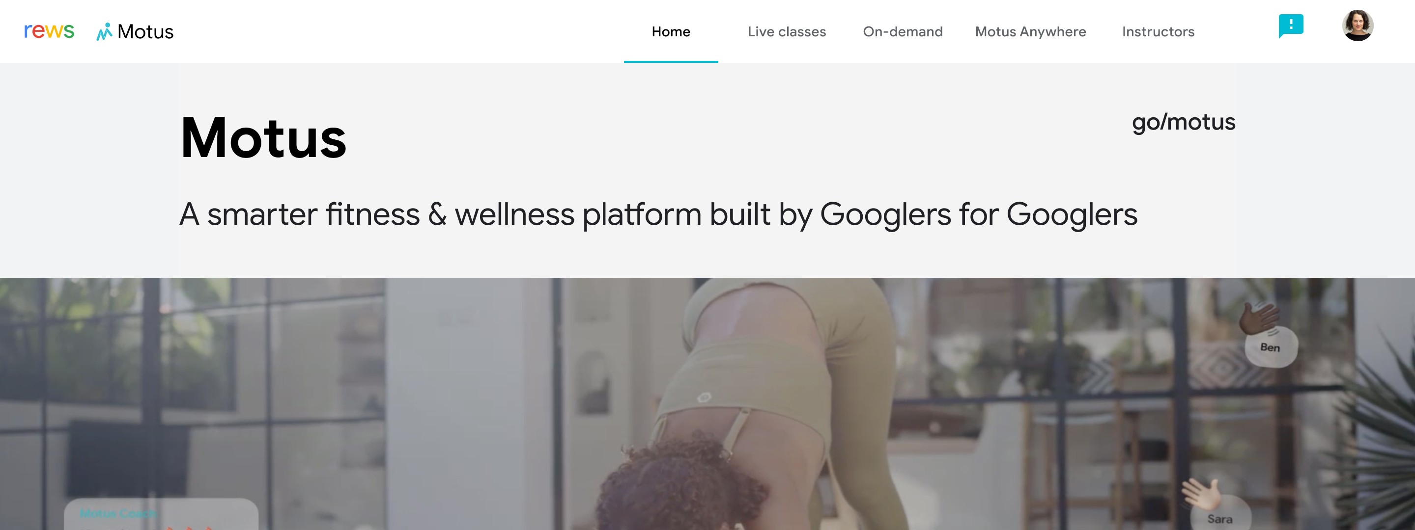 Motus — homepage showing live class schedule and community features