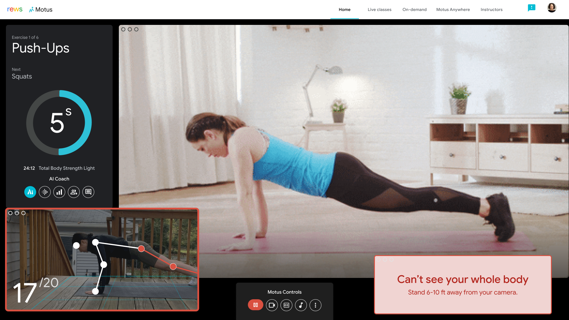 Motus AI Coach — red warning: stand 6-10 ft from camera