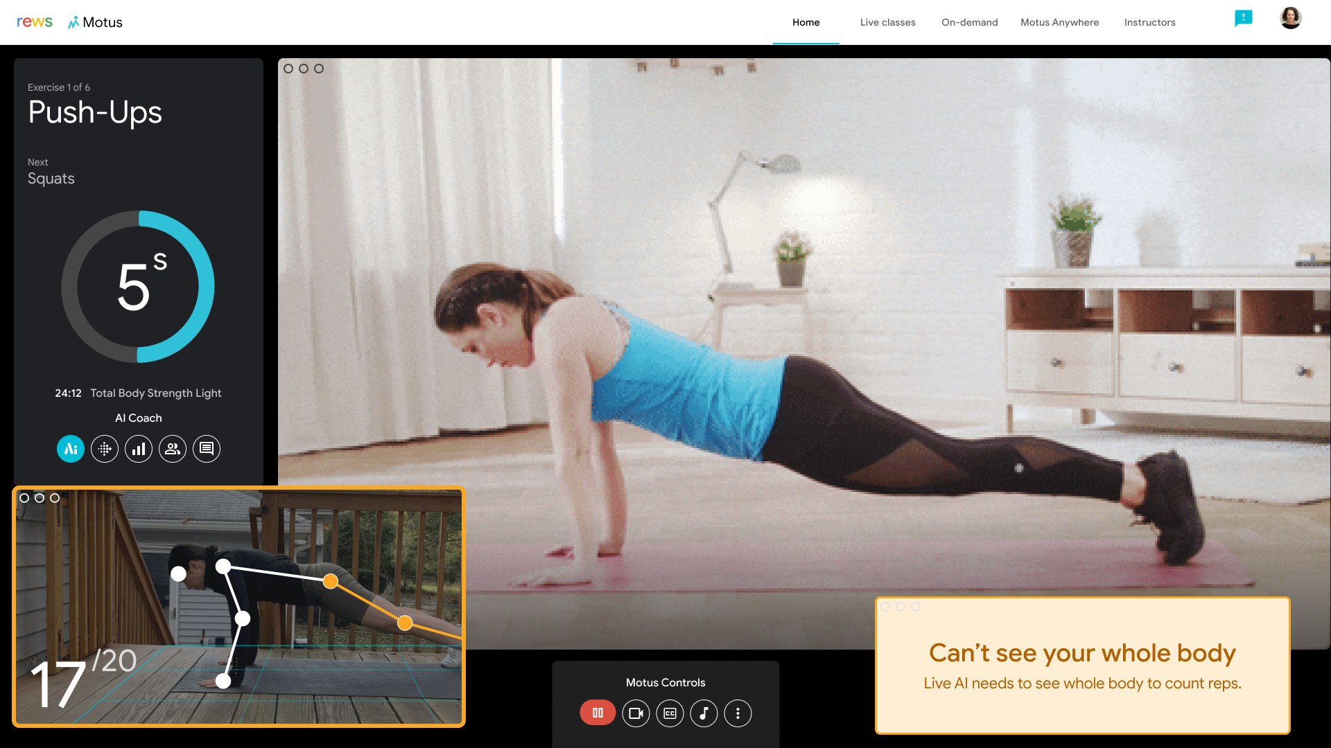 Motus AI Coach — yellow advisory warning: can't see whole body